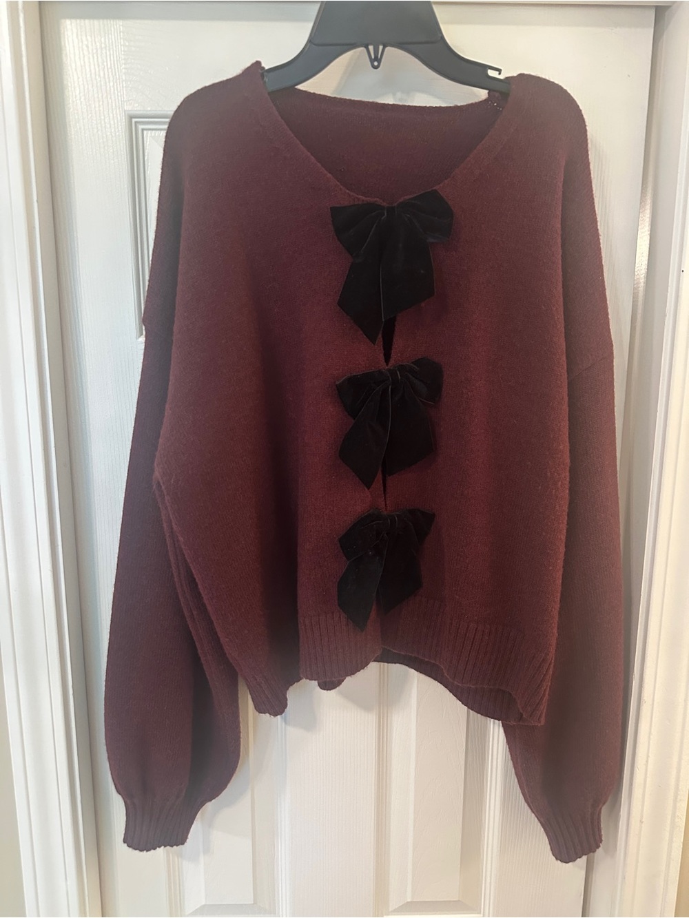 Commense Burgundy Sweater with Black Velvet Bows